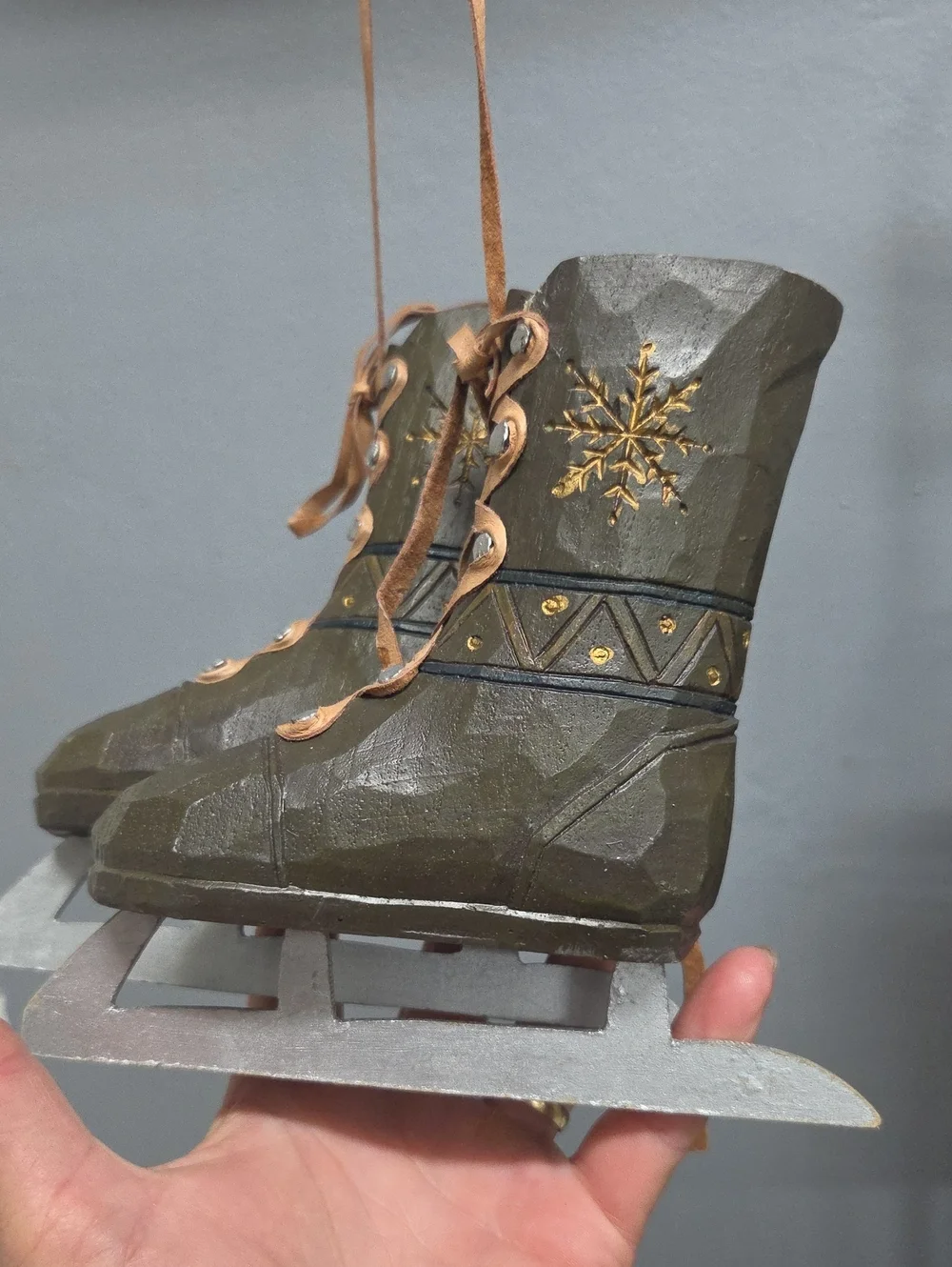 Rustic Faux Wood-Carved Resin Ice Skate Ornaments - Pair of Brown & Gold Holiday